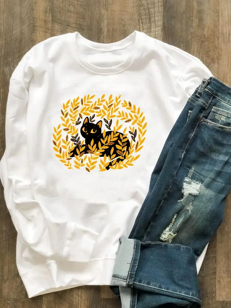 

Fashion Print Pullovers Graphic Sweatshirts Autumn Spring O-neck Cat Animal Cute Lovely Clothes Casual Women Clothing