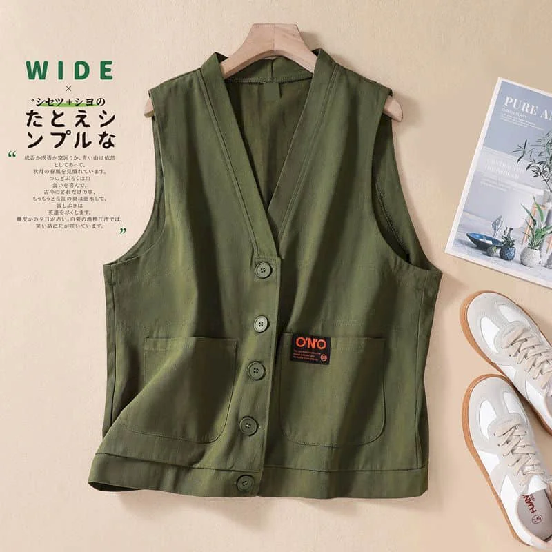 Женский однобортный жилет без рукавов свободная однотонная хлопковая майка в