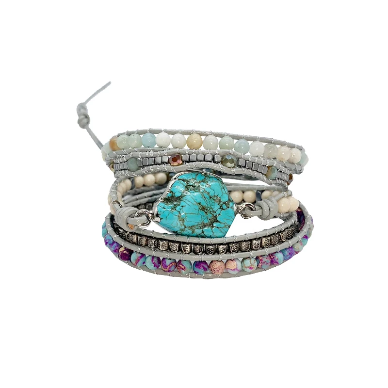 

Новый уникальный бирюзовый браслет, 5 нитей, браслет ручной работы в стиле бохо, женский кожаный браслет