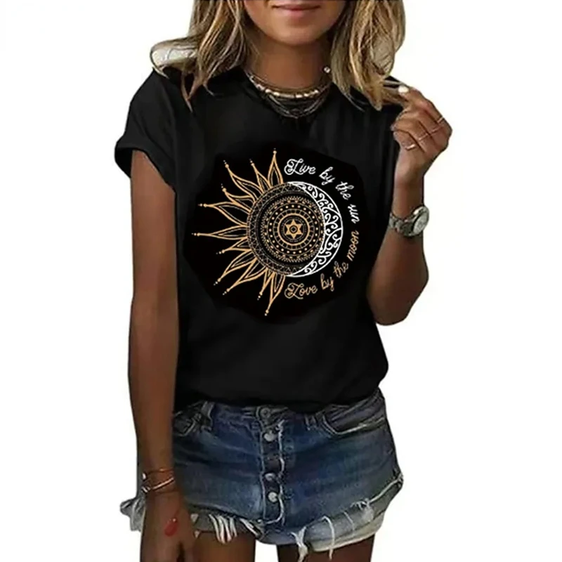 

Summer New Women&amps Casual Fashion T-shirt Letter Sun Moon Print Loose Soft Round Neck Short Sleeve Couple Top T SHIRT BLACK