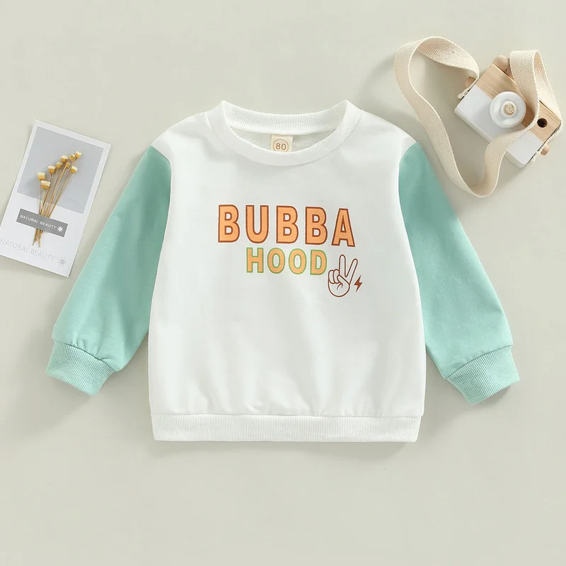 

Children Baby Boy Sweatshirt Clothes Fall Round Neck Contrast Color Lettering Pattern Tops Long Sleeve Pullover Shirt