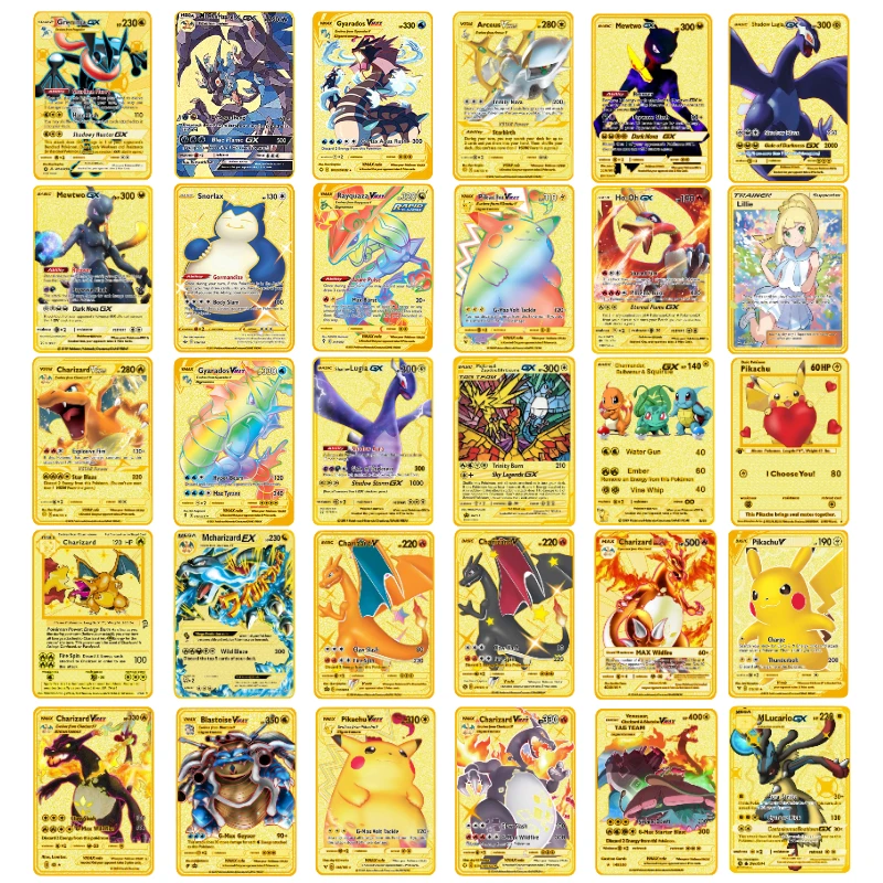 

English Pokemon Cards Gold Metal Pokemon Cards Hard Iron Cards Mewtwo Pikachu Charizard Gx Vmax Dx Pack Game Collection Gift