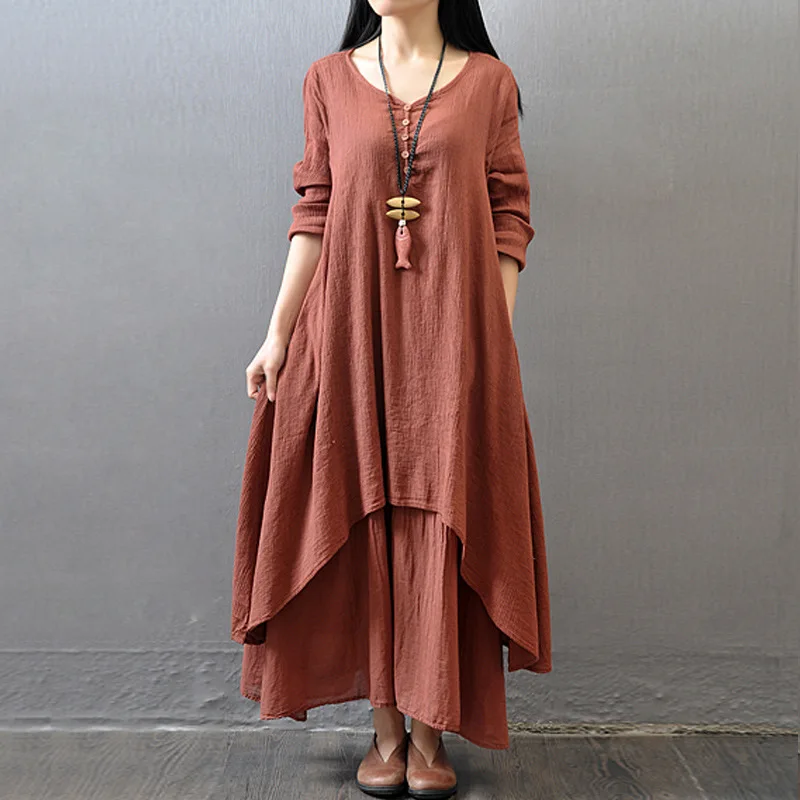 white Button irregular summer 2022 Spring New Loose Size Round Neck Mid-Sleeve Large Swing Cotton And Linen Long Dress Robe
