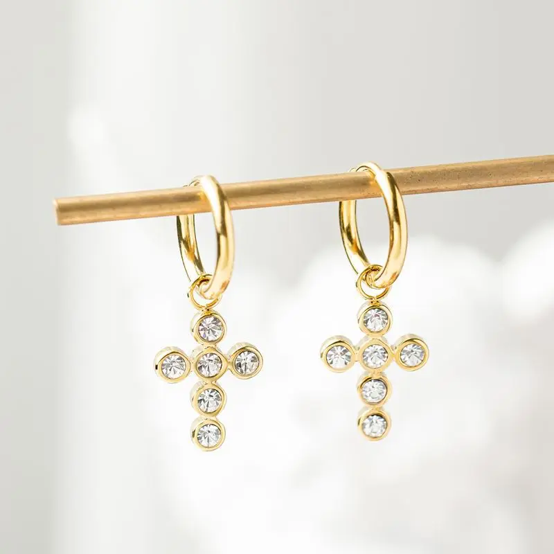 

Titanium Steel Cross Round Zircon Hoop Earrings For Women Plated With 14k Gold Luxury and Versatile Banquet Jewelry