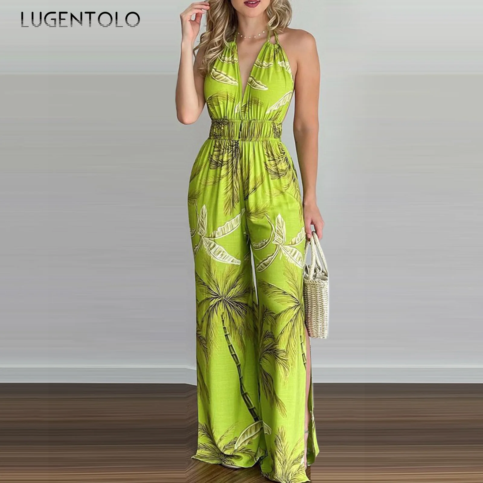 

Women Sexy Jumpsuits Halter Backless Print Thin Summer Female Casual Spaghetti Strap Elastic High Waist Wide Leg Pants Jumpsuit