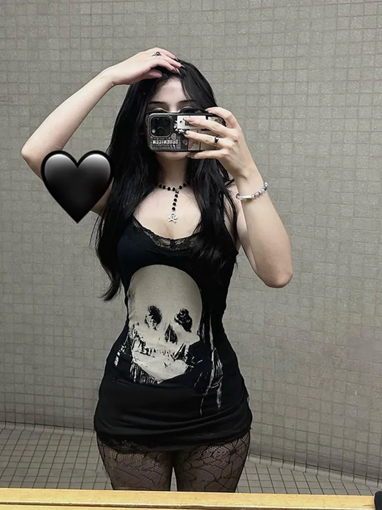 Фото Женское облегающее платье в стиле Dark Alt Hot Girl, сексуальное черное платье с принтом черепов, готическое платье-комбинация Y2K Gyaru E-girls, мини-платье для женщин на лето №4