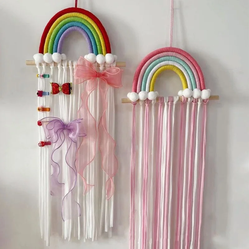 

Girls Rainbow Hair Bows Holder Decoration Hair Clips Storage Organizers Kawaii Room Decor Macrame Home Wall Hanging Decorations