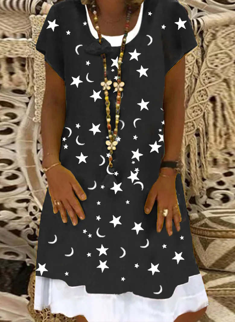 

2022 New Women Dresses Loose Short Sleeve Dress Moon Star Printing Elegant Female Spring Summer Patchwork Dress Vestidos