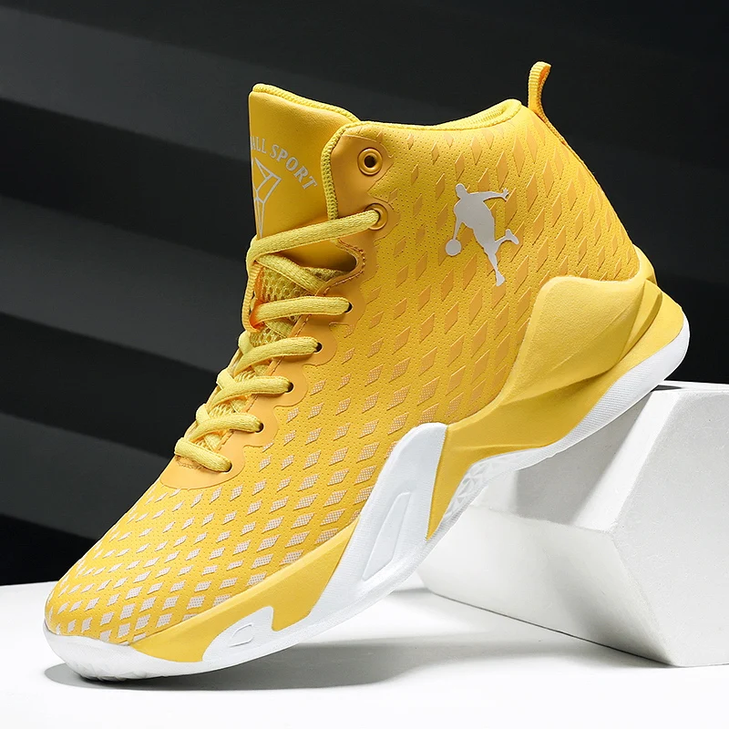 High-top Mesh Yellow Unisex Basketball Shoes Outdoor Anti-slip Men Sports Shoes Anti-shock Breathable Women Basketball Sneakers
