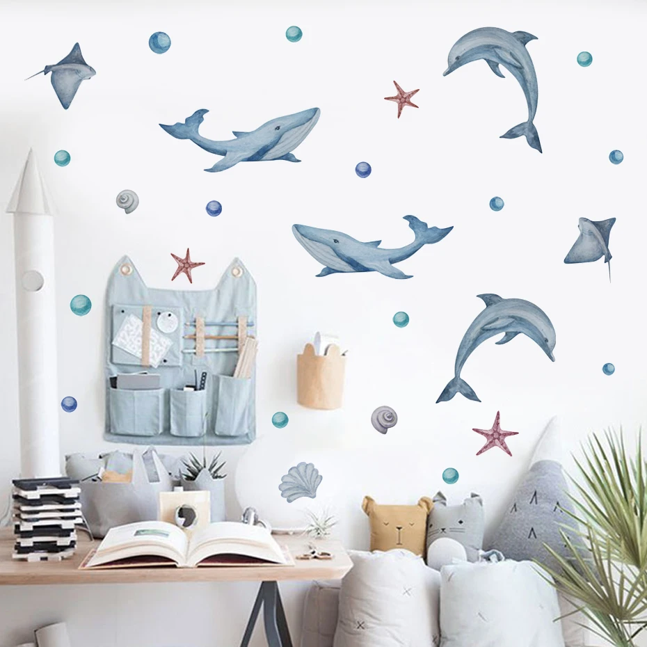 

Cartoon Cute Ocean Whale Dolphin Watercolor Nursery Stickers Removable Wall Decals Art Print Kids Boys Room Interior Home Decor