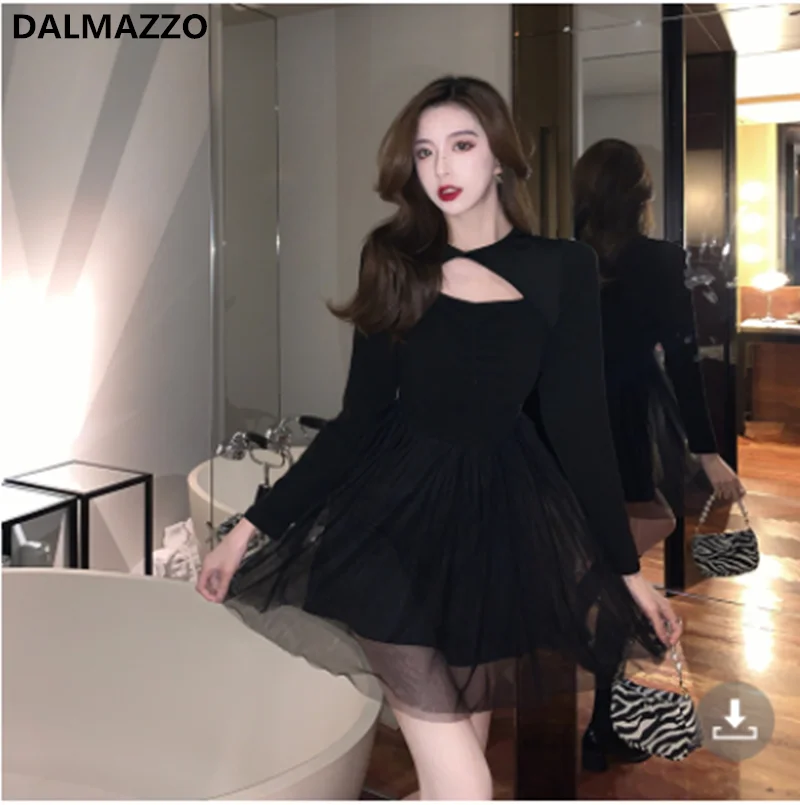 

DALMAZZO 2022 New Spring Designer Fashion Slim Mini Dress Women O Neck Mesh Patchwork Ball Gown Dresses Female