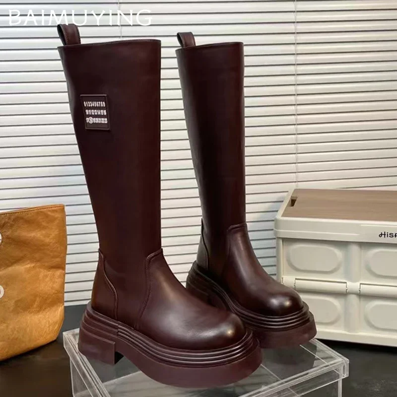 Женские высокие сапоги на платформе модная обувь среднем каблуке кожаные до