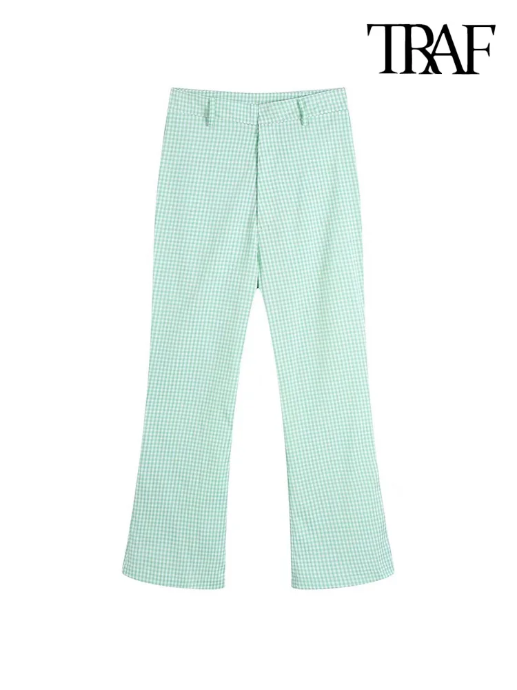 

TRAF Women Fashion Checkered Flare Pants Vintage High Waist Zipper Fly Female Ankle Trousers Mujer