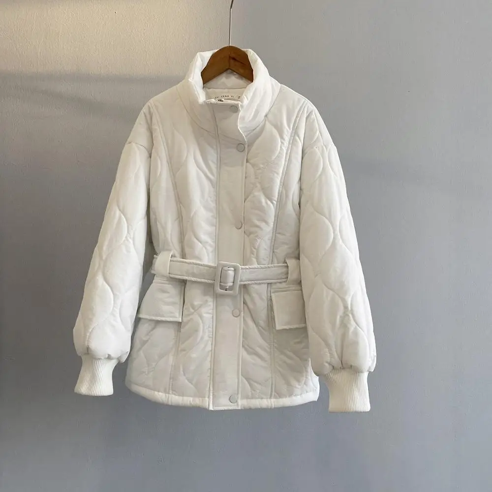 2021 Women Winter Warm Thickened Cotas Stand Collar Loose Jacket Solid New Fashion Color Long-sleeved Cotton Padded Parkas White