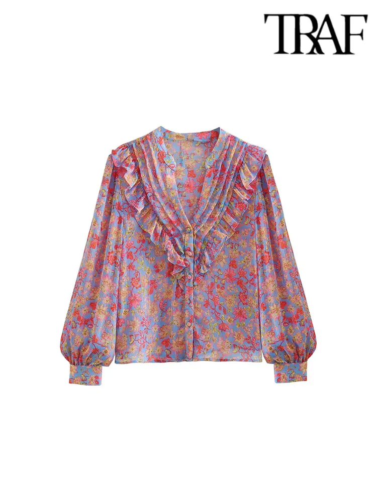 

TRAF Women Fashion With Ruffled Floral Print Flowing Shirts Vintage V-neck Long Sleeve Loose Female Blouses Chic Tops