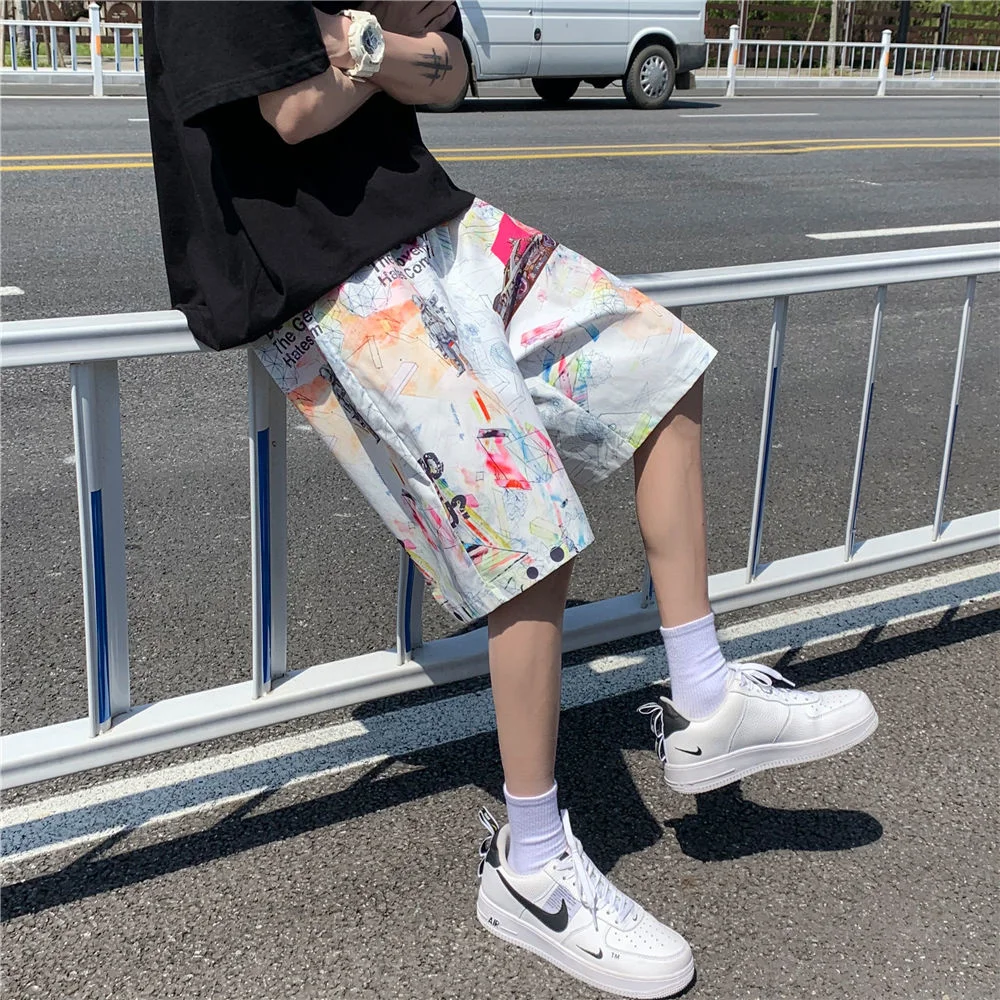 

Hybskr Summer Harajuku Graffiti Graphic Men's Beach Shorts Oversized Fashion Casual Shorts Korean Male Sport Short Pants