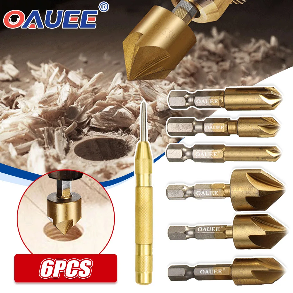 

6PCS Hex Shank Countersink Drill Bit 6-19mm Set Titanium Coated 5 Flute Hole Drill 90 Degrees Wood Chamfering Cutter Tools