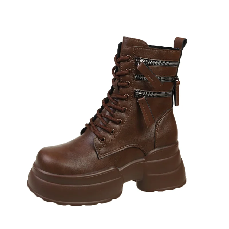 Women Leather Ankle Boots Autumn Winter Lace Up Platform Motorcycle Boots Square Heels Sneakers Zipper Round Toe Streets Shoes