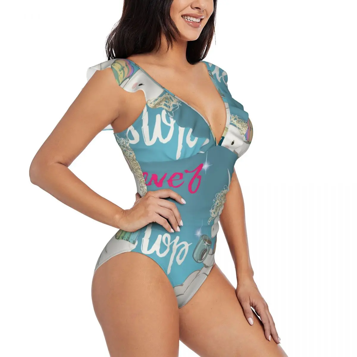 

Swimwear Women One Piece Swimsuit Pink Cartoon Fairytale Unicorn Swimming Bikinis Push Up Monokini Sexy Ruffle Bathing Suit