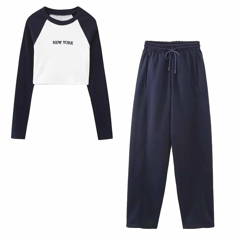 

Women New Fashion Letter Printed decoration Cropped Rib Tops Vintage Long Sleeve Female Pullovers Chic Tops + Pants Women's suit