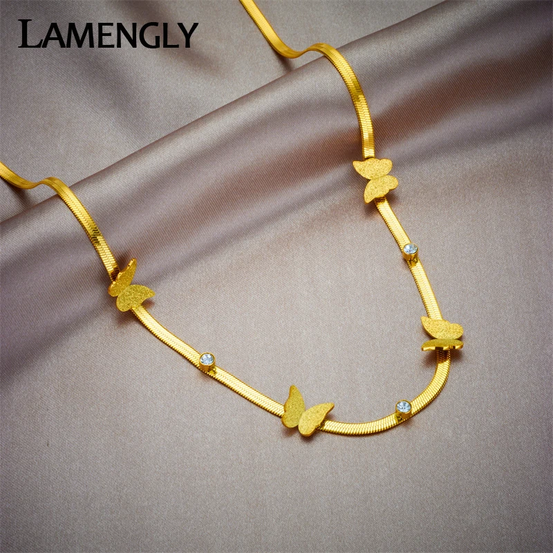 

LAMENGLY 316L Stainless Steel Butterfly Crystal Zircon Choker Necklace for Women New Fashion Flat Snake Chain Fine Jewelry Gifts