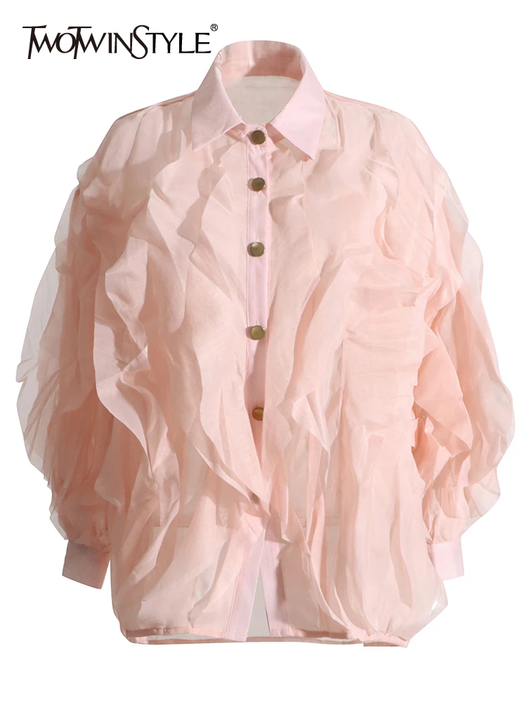 

TWOTWINSTYLE Spliced Ruffles Solid Blouses For Women Lapel Lantern Sleeve Patchworj Button Elegant Shirt Femlae Fashion Clothing