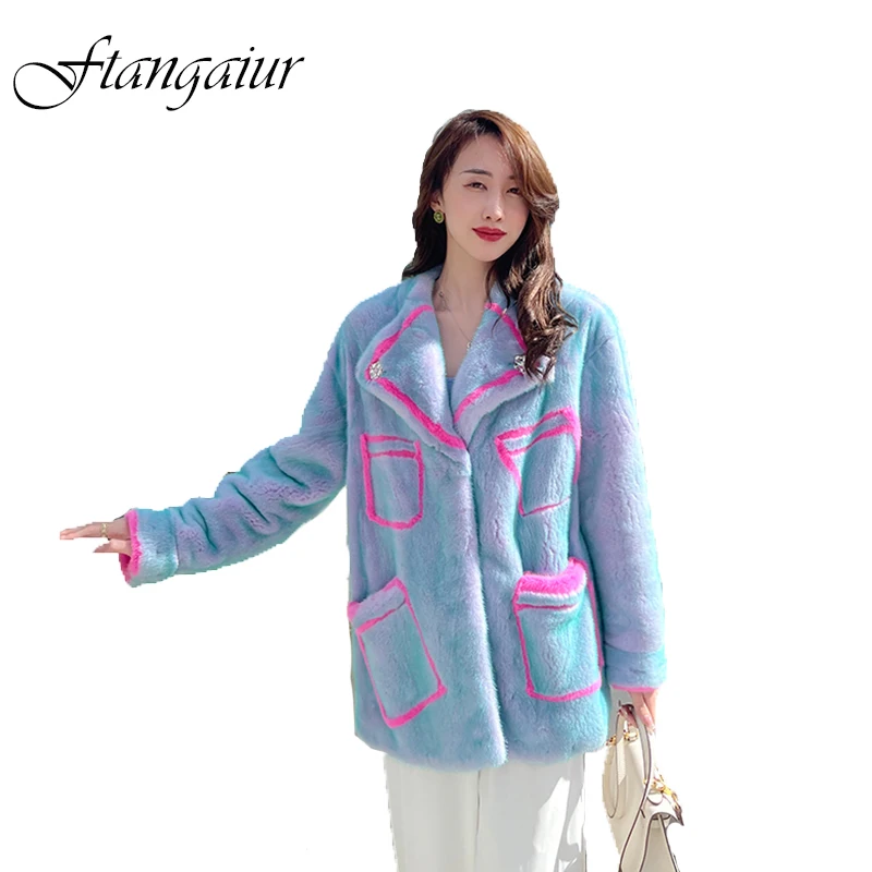 

Ftangaiur Winter Women Import Velvet Mink Fur Coat Turn-Down Collar Print Colorful Mink Coats Women's Mdeium Real Mink Fur Coats