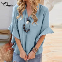 celmia vintage asymmetrical tops womens blouses 2022 summer v neck flare sleeve loose ruffled shirts casual ladies tunic blusas