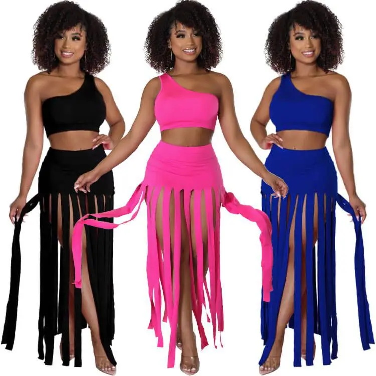 

Summer New Womens Slanted Shoulder Sleeveless Top Set Solid Outfits Tassel Hem High Waist Long Skirt Sexy Two-piece Set