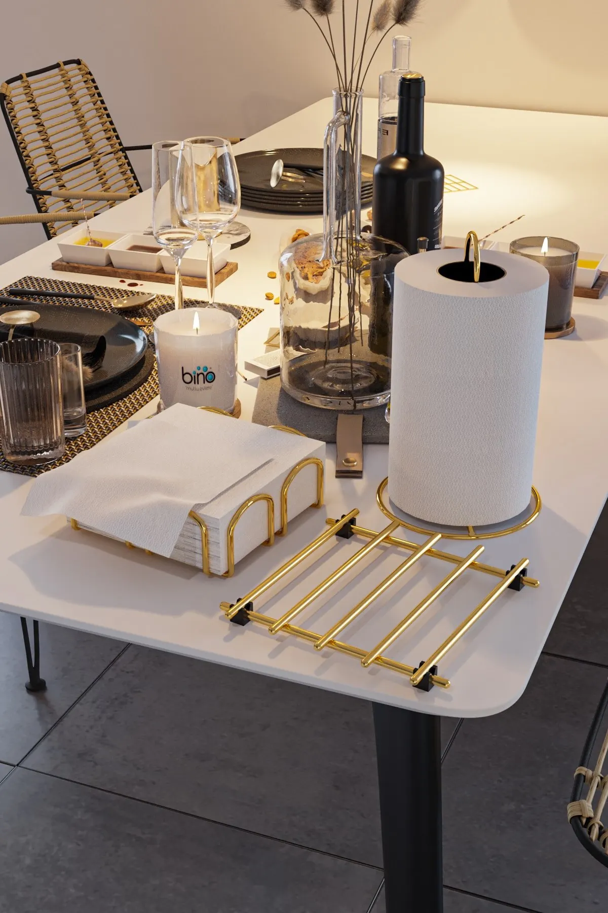 

Service Presentation Set Towel Holder Napkin Holder Nihale Gold Filled Shiny Stainless Steel 3 Pieces Kitchen, Living Room