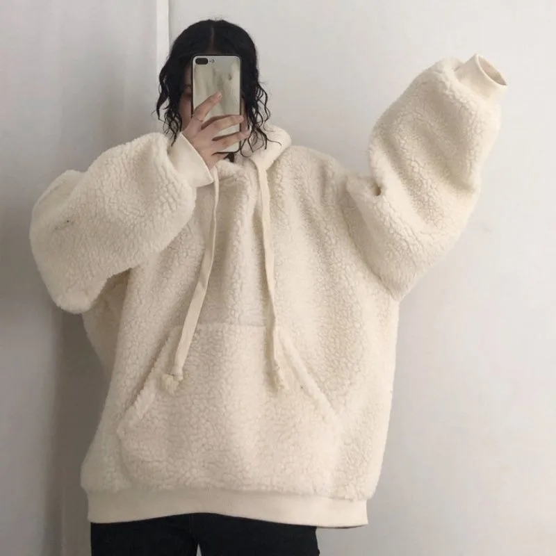 Harajuku флисовые Sudaderas Mujer однотонные женские толстовки из овечьей шерсти большого