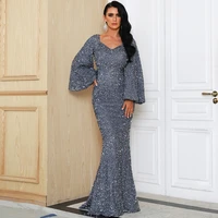2022 new spring autumn party long dress for women gray luxury sequin evening gowns flare long sleeves v neck maxi vestidos femme