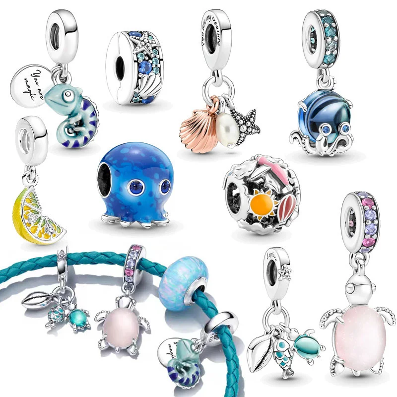 

Fit Original Pandora Bracelet DIY 925 Silver Chameleon Octopus Turtle Beads Ocean Jellyfish Turtle Pendant Charms Women Jewelry