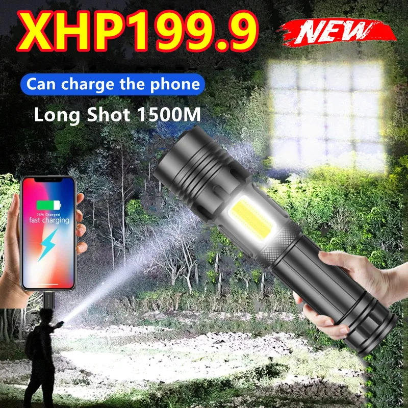 

XHP199 Most Powerful LED COB Flashlight Rechargeable Tactical Torch Light XHP90 High Power LED Flashlight USB Hunting Lantern