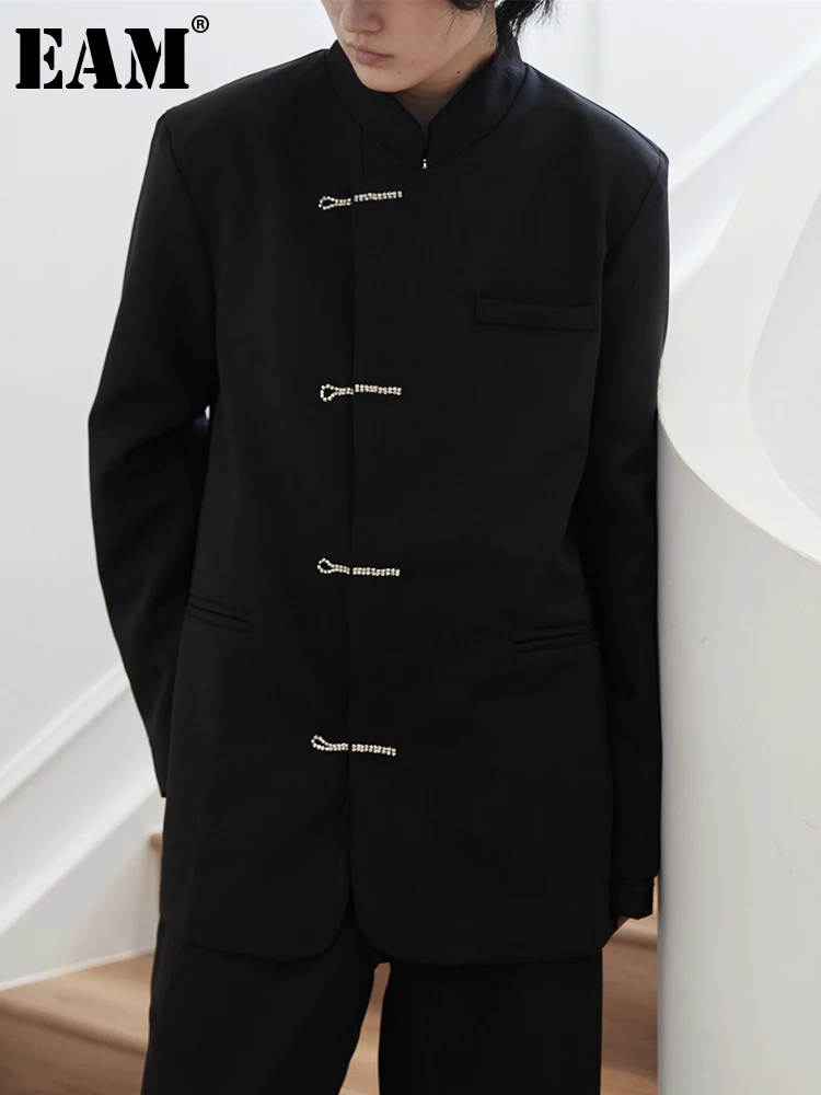 

[EAM] Women Black Rhinestone Button Big Size Blazer New Stand Collar Long Sleeve Jacket Fashion Spring Autumn 2023 1DF3969