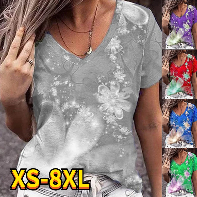 

2022 New Fashion Women's T Shirt Flower Patchwork Print Round Neck Basic Tops Fashion 3D Print Pullover Plus Size Shirt 8XL