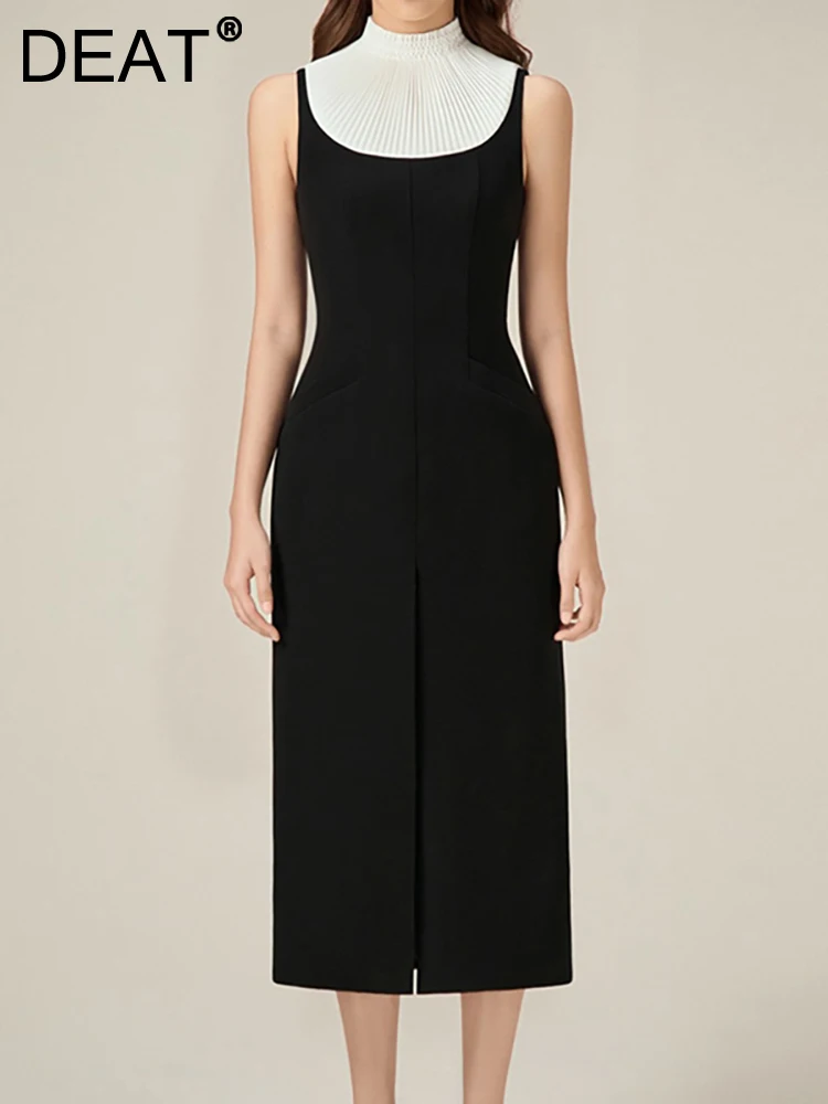 

Женское вечернее платье без рукавов [DEAT], белое платье с круглым вырезом и контрастным воротником, без рукавов, в стиле пэчворк, 13DB1635, лето 2023