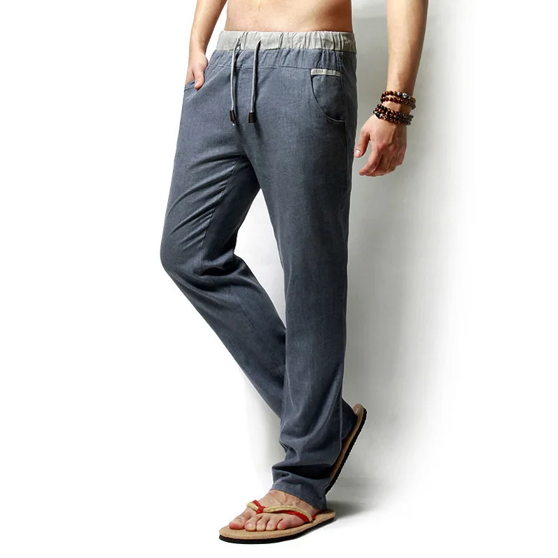 

Cotton Linen Men Casual Pants Solid Straight Breathable Fashion Comfortable Full Length Male Loose Trousers