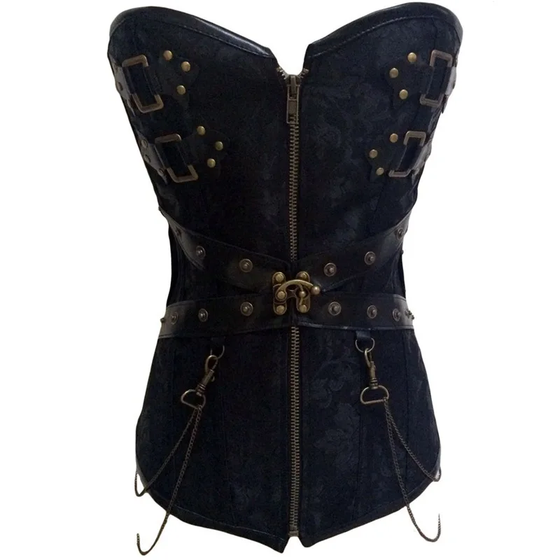 

Vintage Faux Leather Corsets Punk Gothic Metal Chain Gothic Bustier Corset Push Up Steampunk Corselet Overbust Burlesque Costume