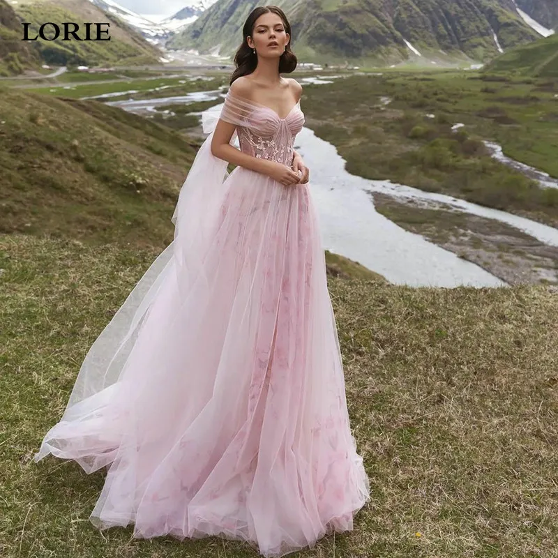 

Розовое свадебное платье LORIE в стиле бохо, ТРАПЕЦИЕВИДНОЕ свадебное платье с открытыми плечами и 3D цветочным принтом, свадебные платья, Пляжное Платье для сердца