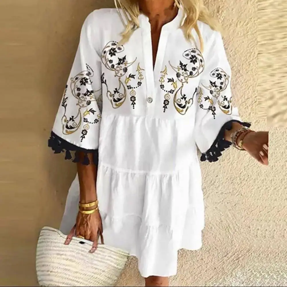 

Fashion Lady Dress Exquisite Pattern Dress-up Polyester Women Vintage Print Summer Beach Dress