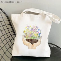 women shopper bag wildflowers in hands watercolor cosmos flowers bag harajuku shopping canvas girl handbag shoulder lady bag