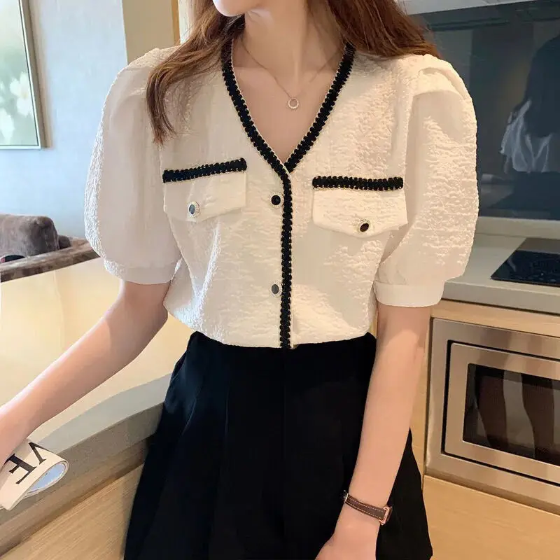

2022 Summer Sweet Y2k Fashion Korean Chiffon Blouse Woman Tops Puff Sleeve Top Office Lady Lace V Neck Shirt Blouses White Black