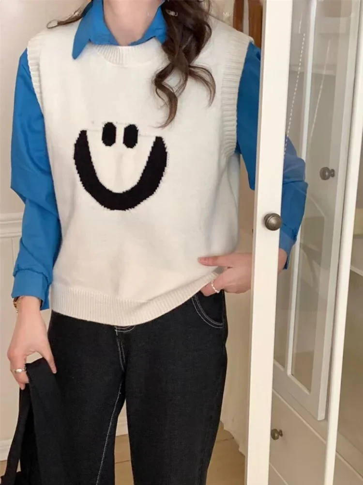 Вязаные жилеты со смайликом и круглым вырезом для женщин осень 2022 новый