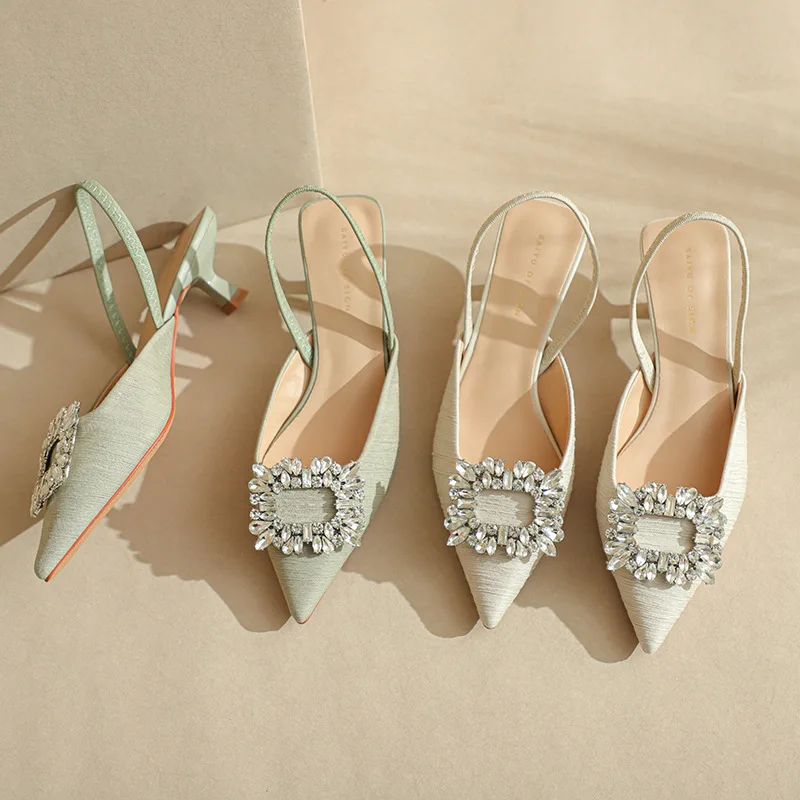 Wizard of Oz Square Button Rhinestone Women's Shoes Pointed Toe Shallow Mouth Single Shoes 2023 Summer New Slim Heel Sandals