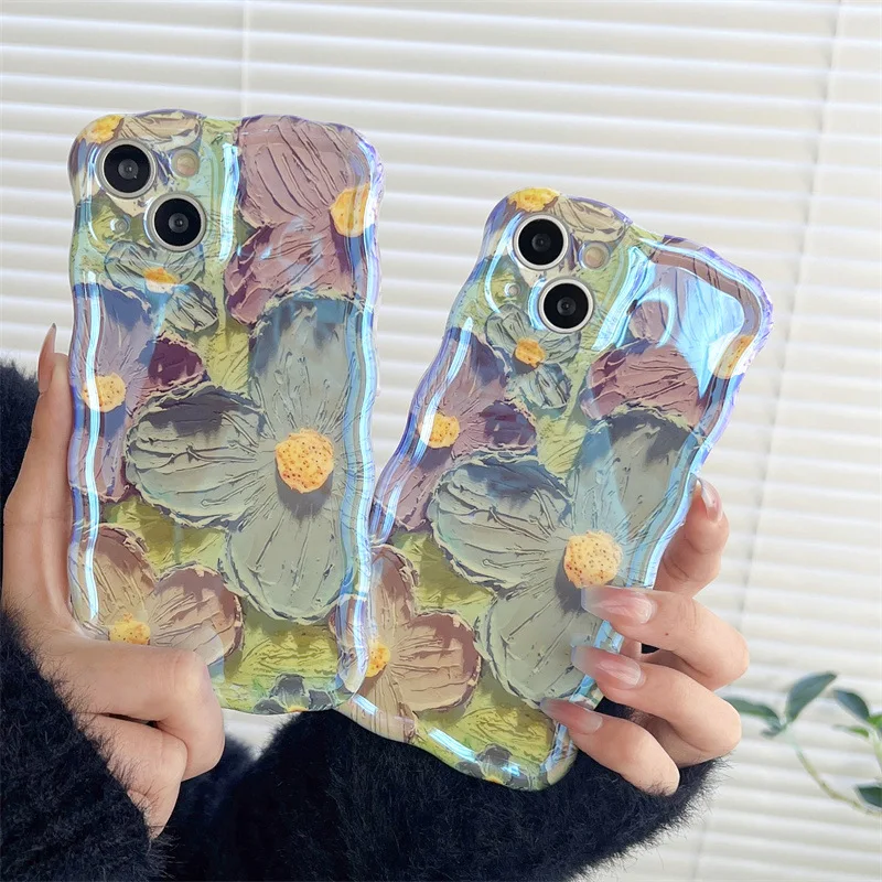 

Phone Case for iPhone 13 12 14 Plus 11 Pro Max Mobile Cases Retro Oil Painting Blue Ray Flowers Shockproof Silicone Back Cover