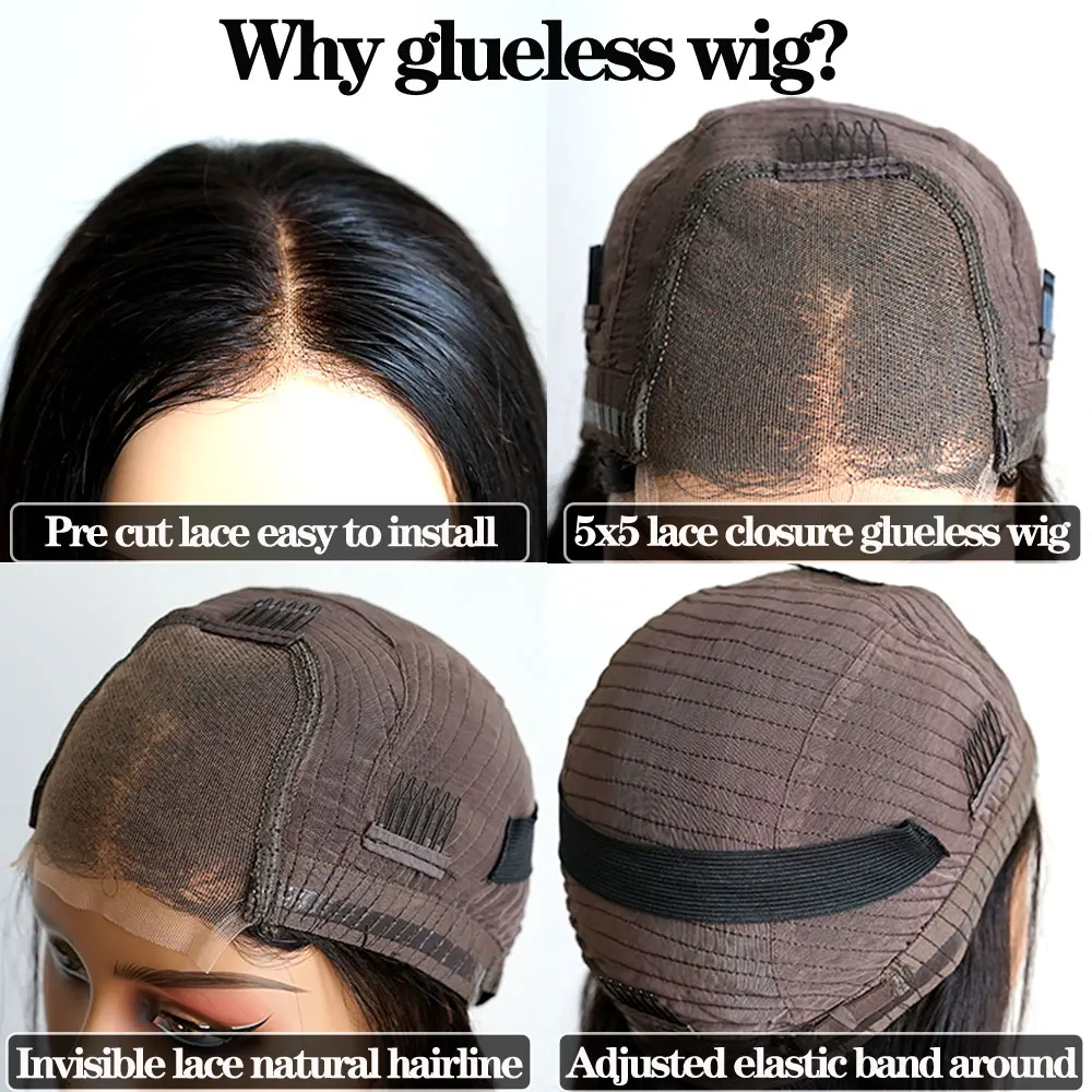 300% Высокая плотность Bone Straight Wig 4x4 5x5 Кружевная застежка Бесклеевые парики Парик