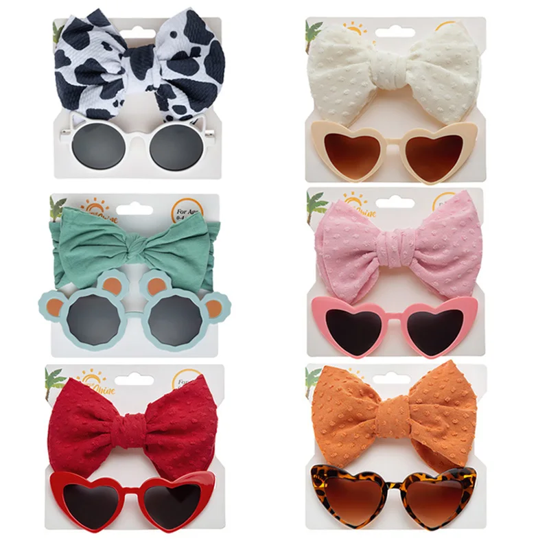 

Fashion Heart Sunglasses Headband Set for Baby Girls Vintage Bow Hairband UV Sun Protection Beach Glasses Kids Gifts 2023 New