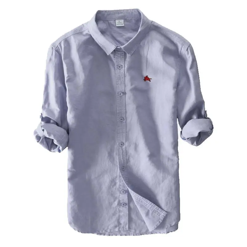 High Quality Men Shirt Spring Autumn Embroidery-Logo Casual Long Sleeve Linen Men's Shirts Hommes Blouse Cotton Mens Clothing