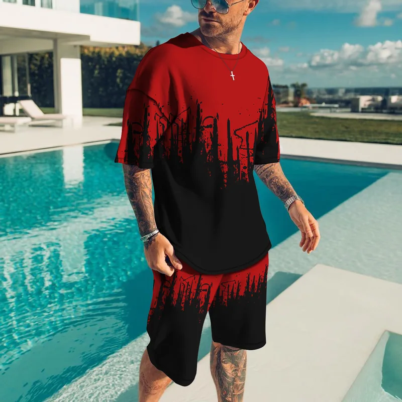

2022 Men's Streetwear Outfit 3D Printing Creative Design 2 Piece Activewear Vintage Oversized T-Shirt Summer Shorts Two Piece